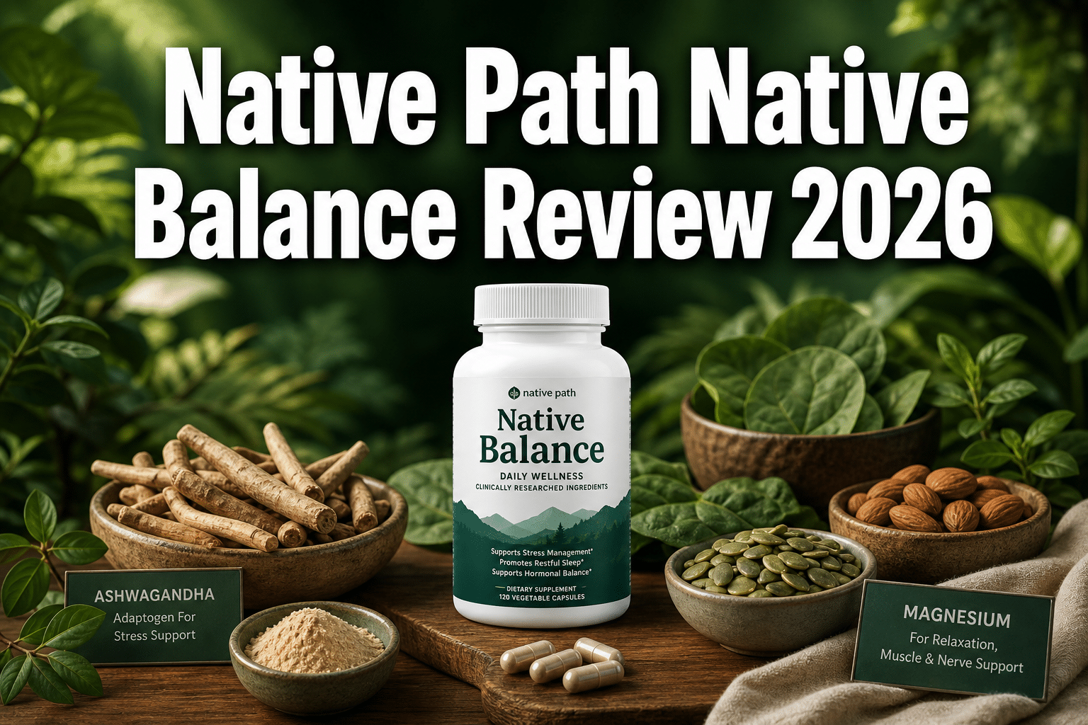 Professional () hero image with : 'Native Path Native Balance Review 2026' in extra large white with deep , centered upper