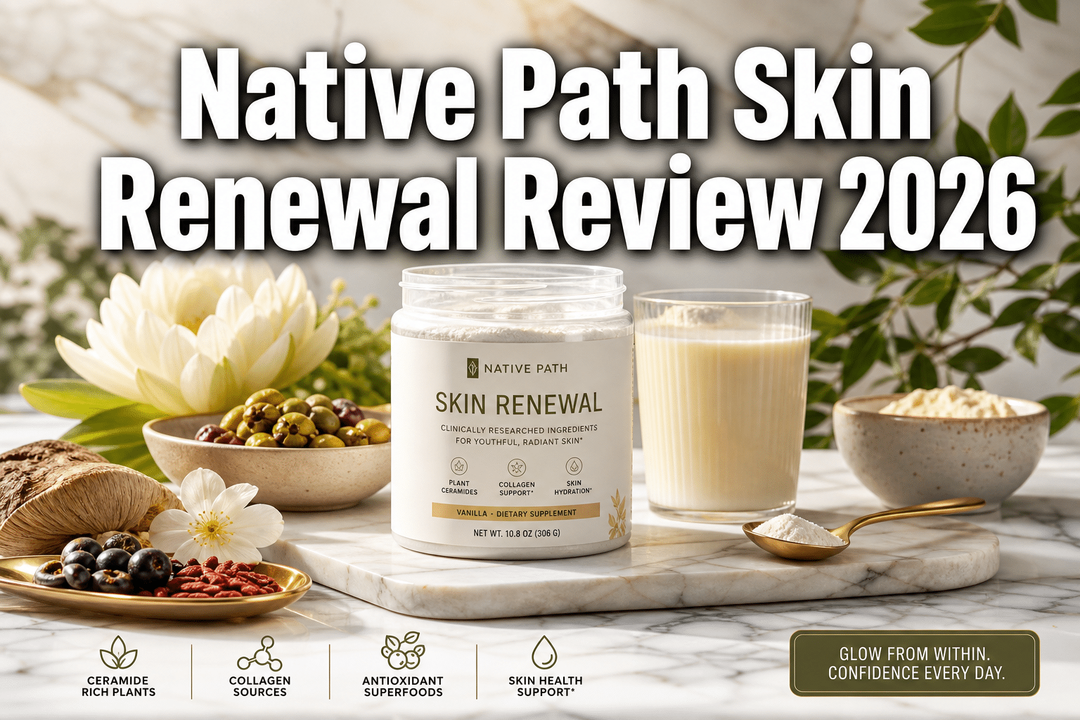 Professional () hero image with : 'Native Path Skin Renewal Review 2026' in extra large white with deep effect, centered
