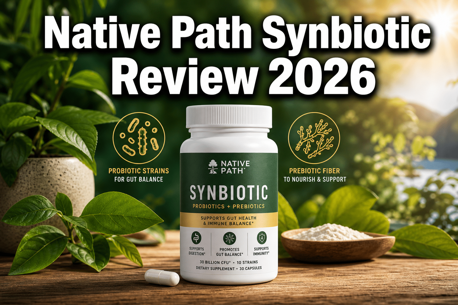 Professional () hero image with 'Native Path Synbiotic Review 2026' in extra large white with dark drop , centered upper