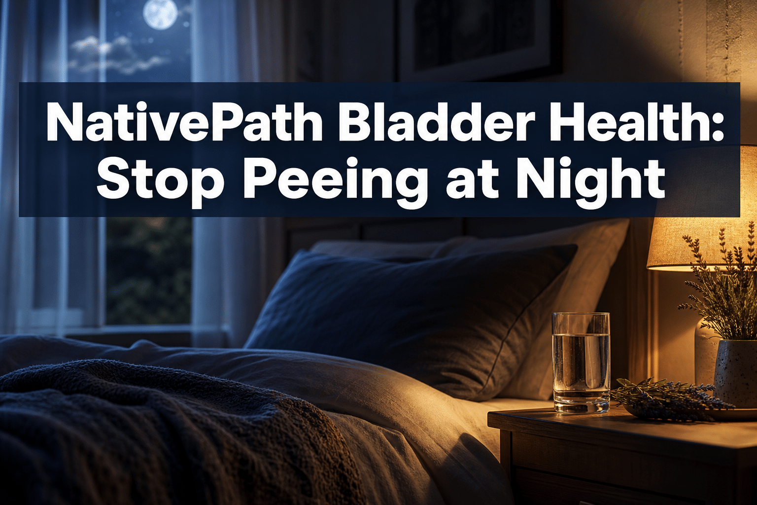 Professional () hero image with : 'NativePath Bladder Health: Stop Peeing at Night' in extra large white with deep navy
