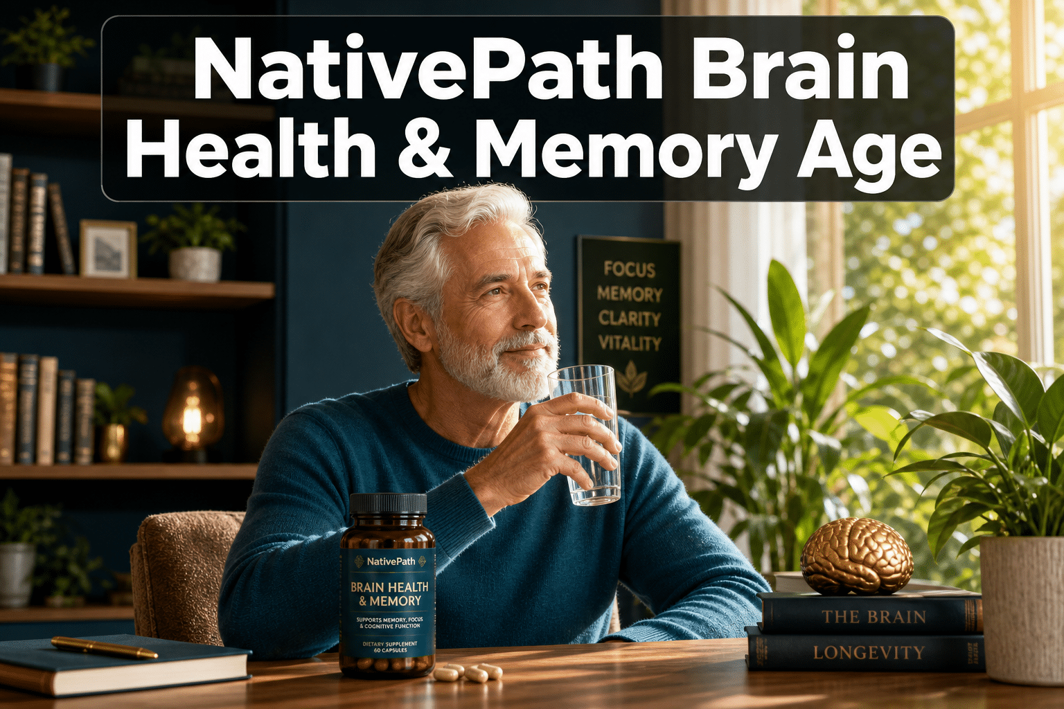 Professional () hero image with : 'NativePath Brain Health & Memory Age' in extra large white with dark semi-transparent