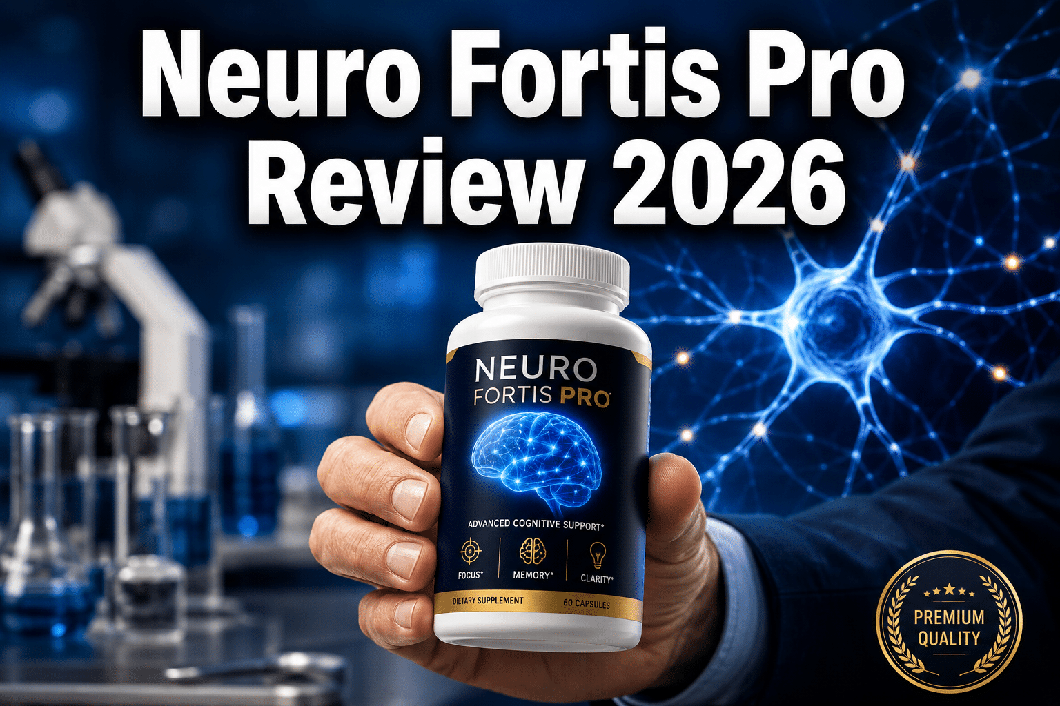 Professional () hero image with : 'Neuro Fortis Pro Review 2026' in extra large white with dark drop , centered in upper