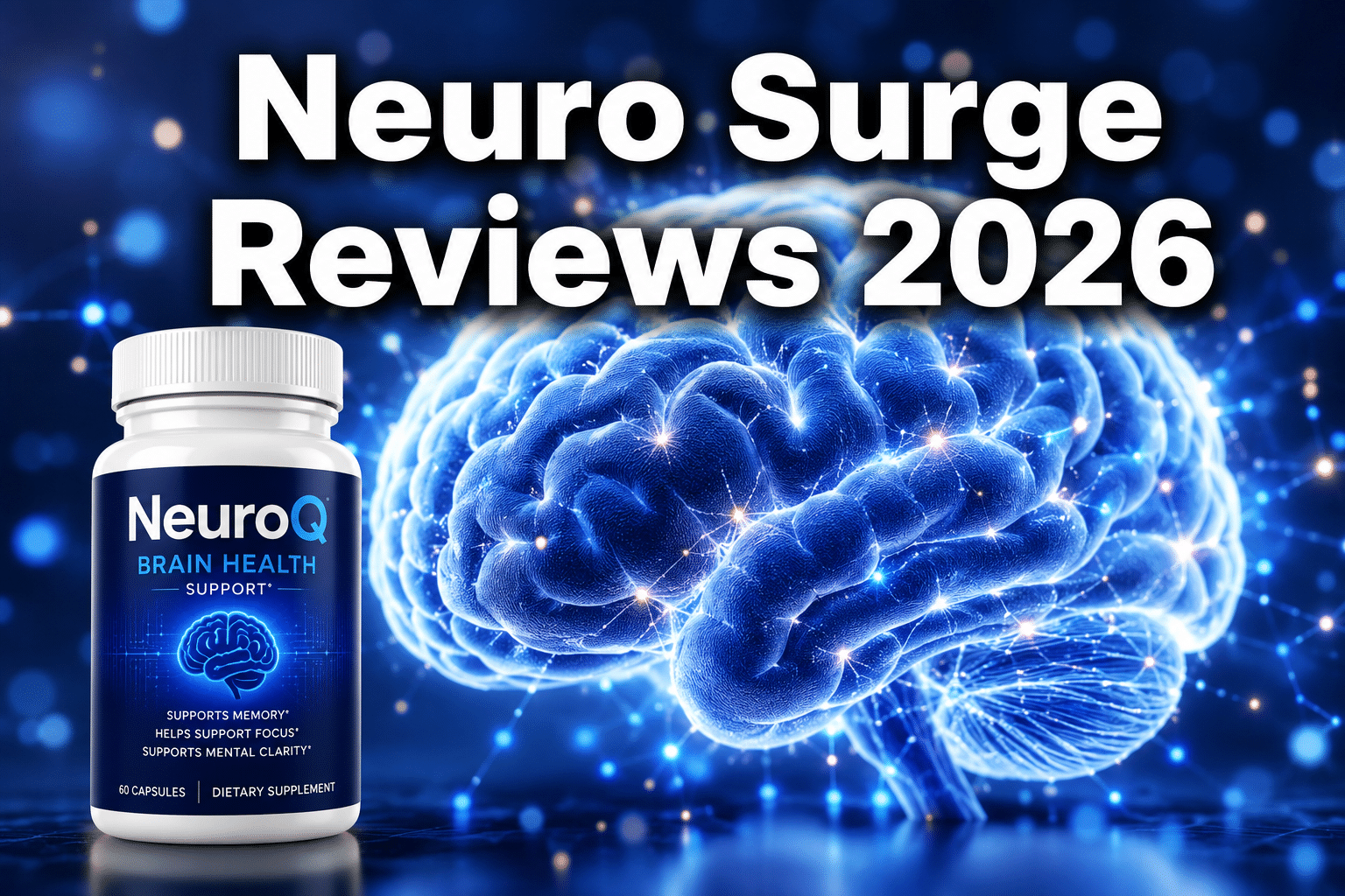Professional () hero image with : 'Neuro Surge Reviews 2026' in extra large white with dark drop , centered upper third.