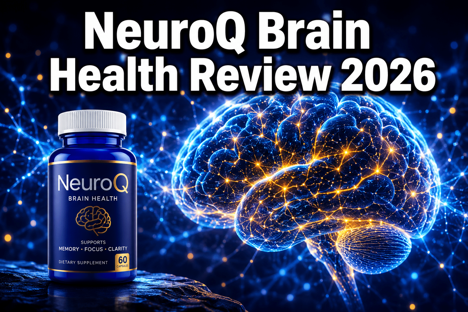 Professional () hero image with : 'NeuroQ Brain Health Review 2026' in extra large white with dark effect, centered upper