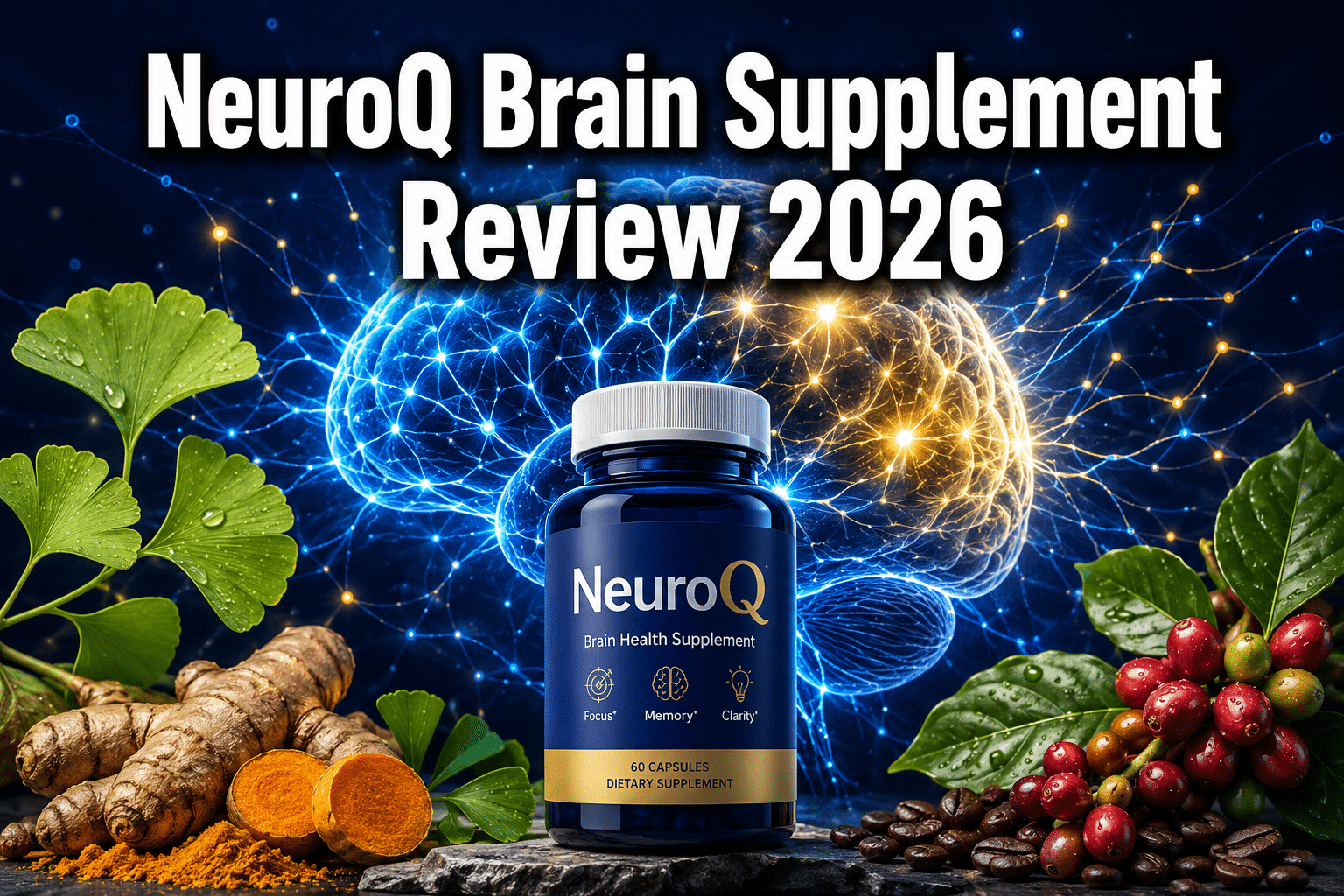 Professional () hero image with : 'NeuroQ Brain Supplement Review 2026' in extra large white with dark drop , centered in