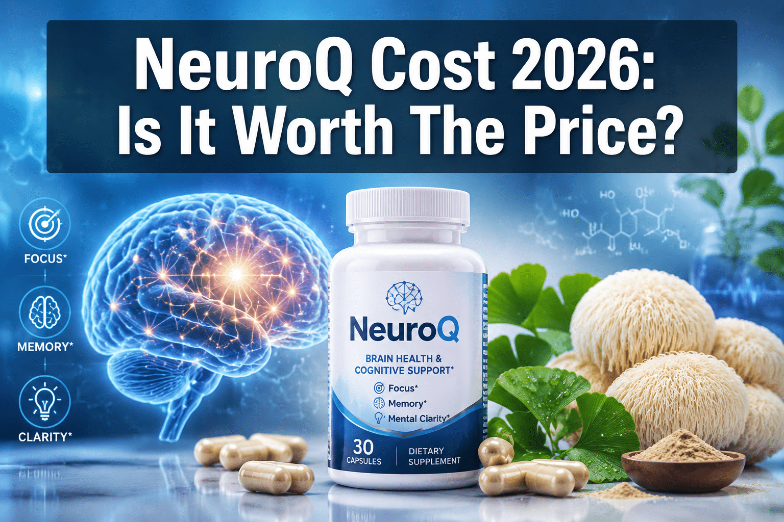 Professional () hero image with : 'NeuroQ Cost 2026: Is It Worth The Price?' in extra large white with dark semi-transparent