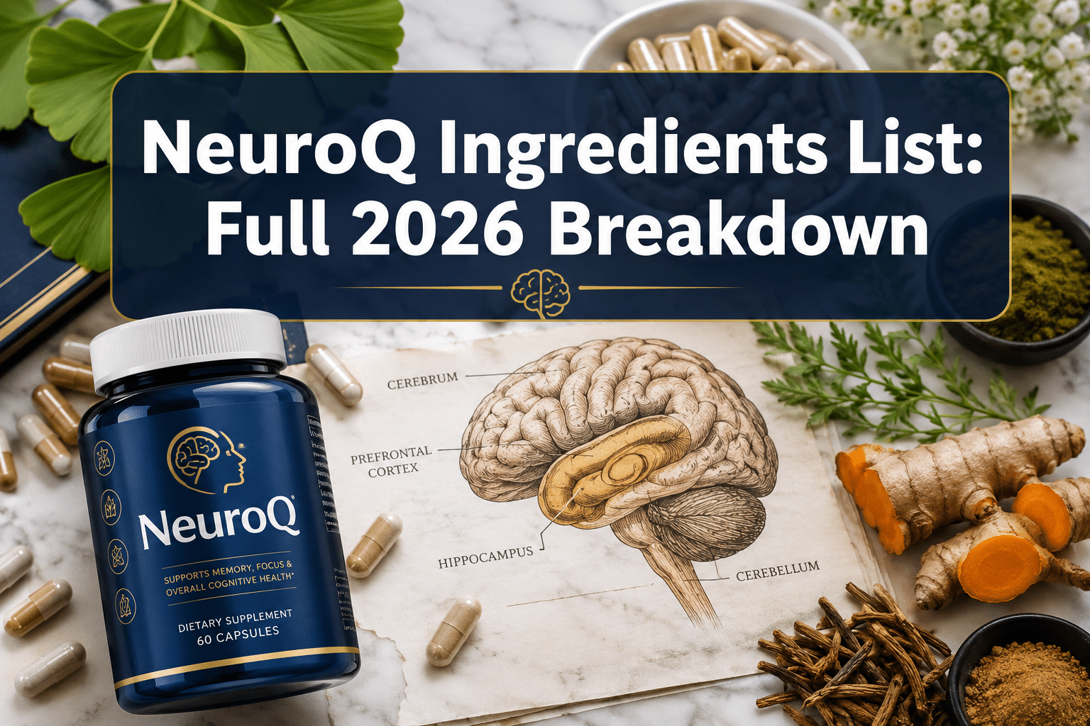 Professional () hero image with : 'NeuroQ Ingredients List: Full 2026 Breakdown' in extra large white with dark