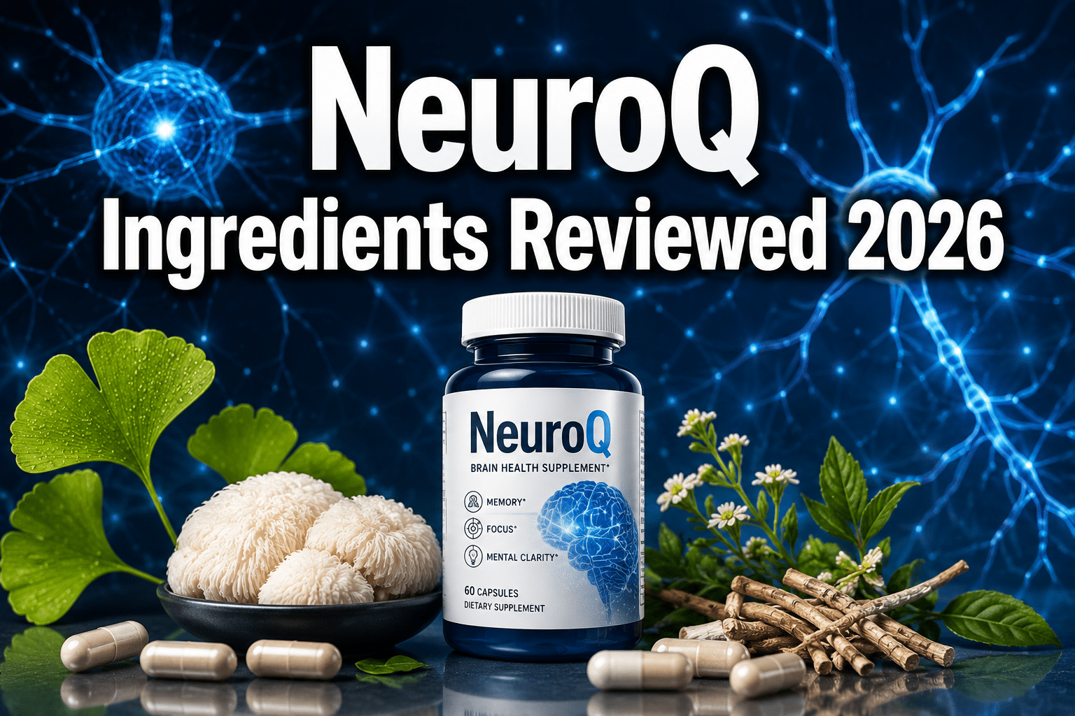Professional () hero image with : 'NeuroQ Ingredients Reviewed 2026' in extra large white with deep effect, centered