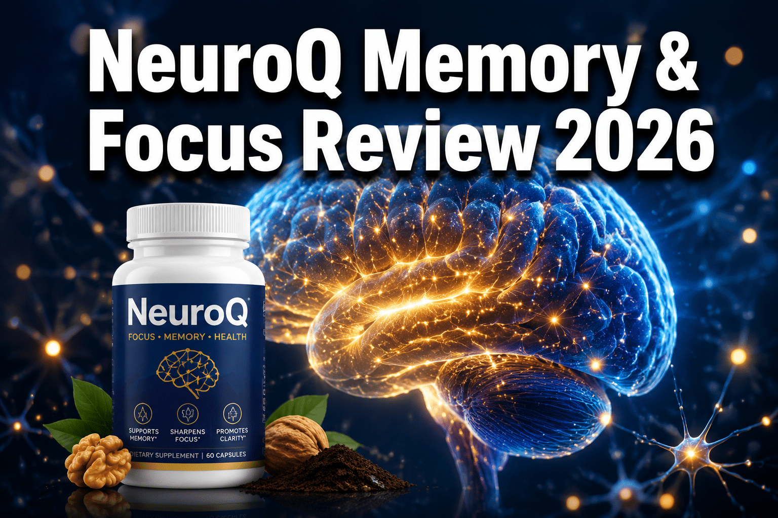 Professional () hero image with : 'NeuroQ Memory & Focus Review 2026' in extra large white with dark drop , centered in