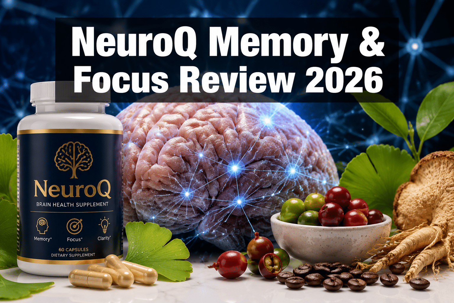 Professional () hero image with : 'NeuroQ Memory & Focus Review 2026' in extra large white with dark semi-transparent