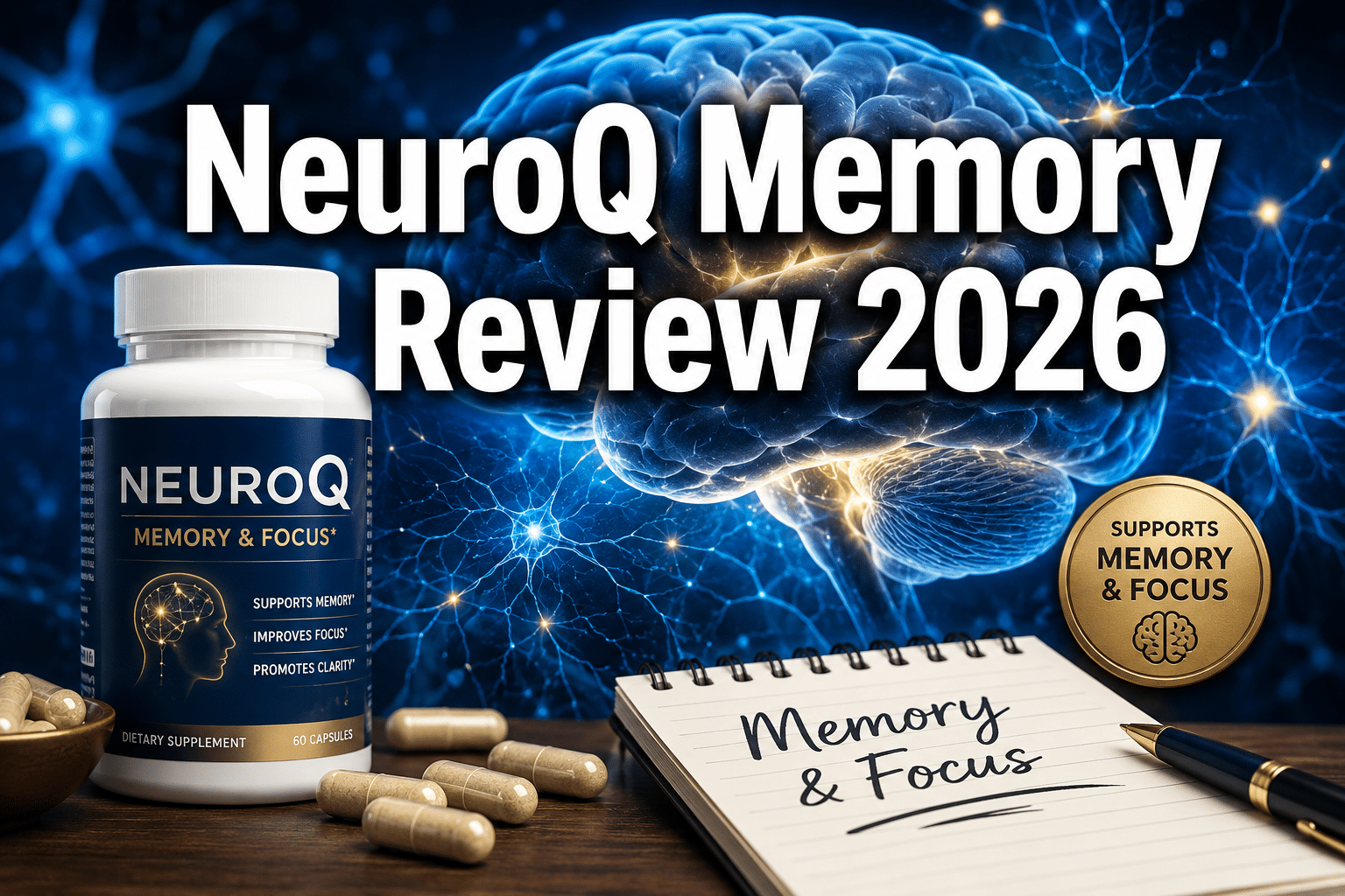 Professional () hero image with : 'NeuroQ Memory Review 2026' in extra large white with dark drop , centered in upper third.