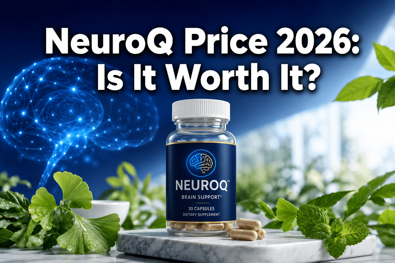 Professional () hero image with : 'NeuroQ Price 2026: Is It Worth It?' in extra large white with dark drop , centered in