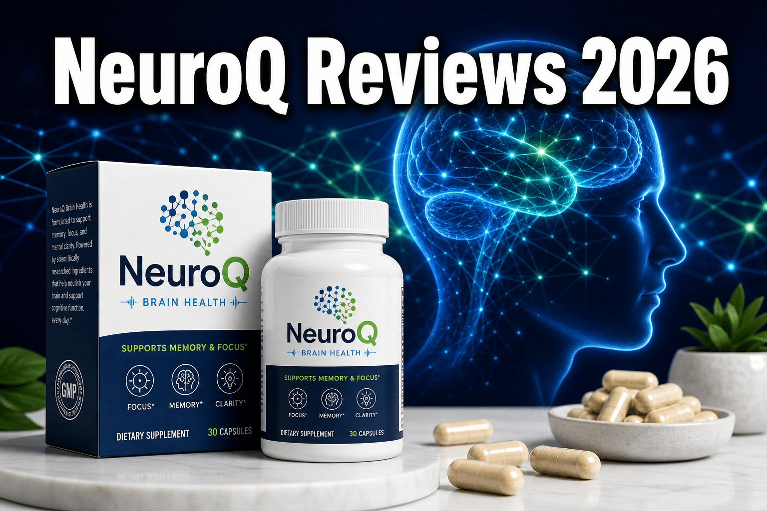Professional () hero image with : 'NeuroQ Reviews 2026' in extra large white with dark drop , centered upper third.