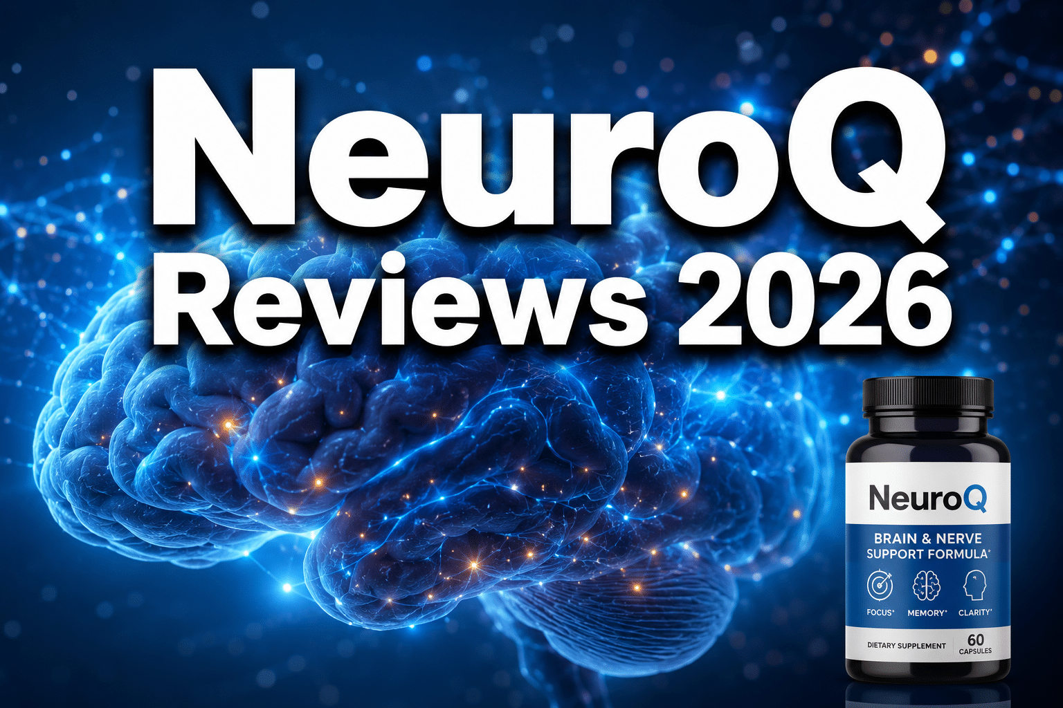 Professional () hero image with : 'NeuroQ Reviews 2026' in extra large white with dark drop , centered upper-third