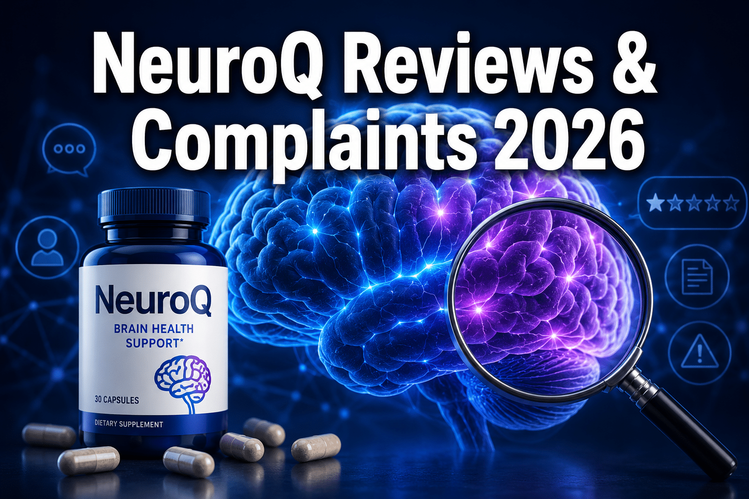 Professional () hero image with : 'NeuroQ Reviews & Complaints 2026' in extra large white with dark drop , centered upper