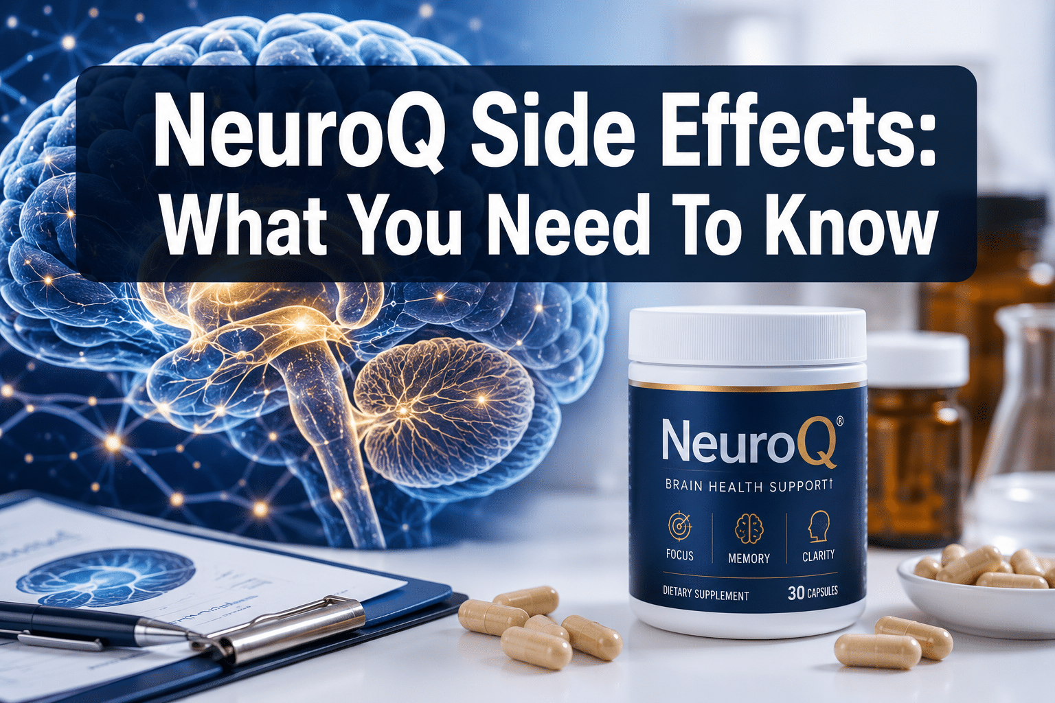 Professional () hero image with : 'NeuroQ Side Effects: What You Need To Know' in extra large white with dark
