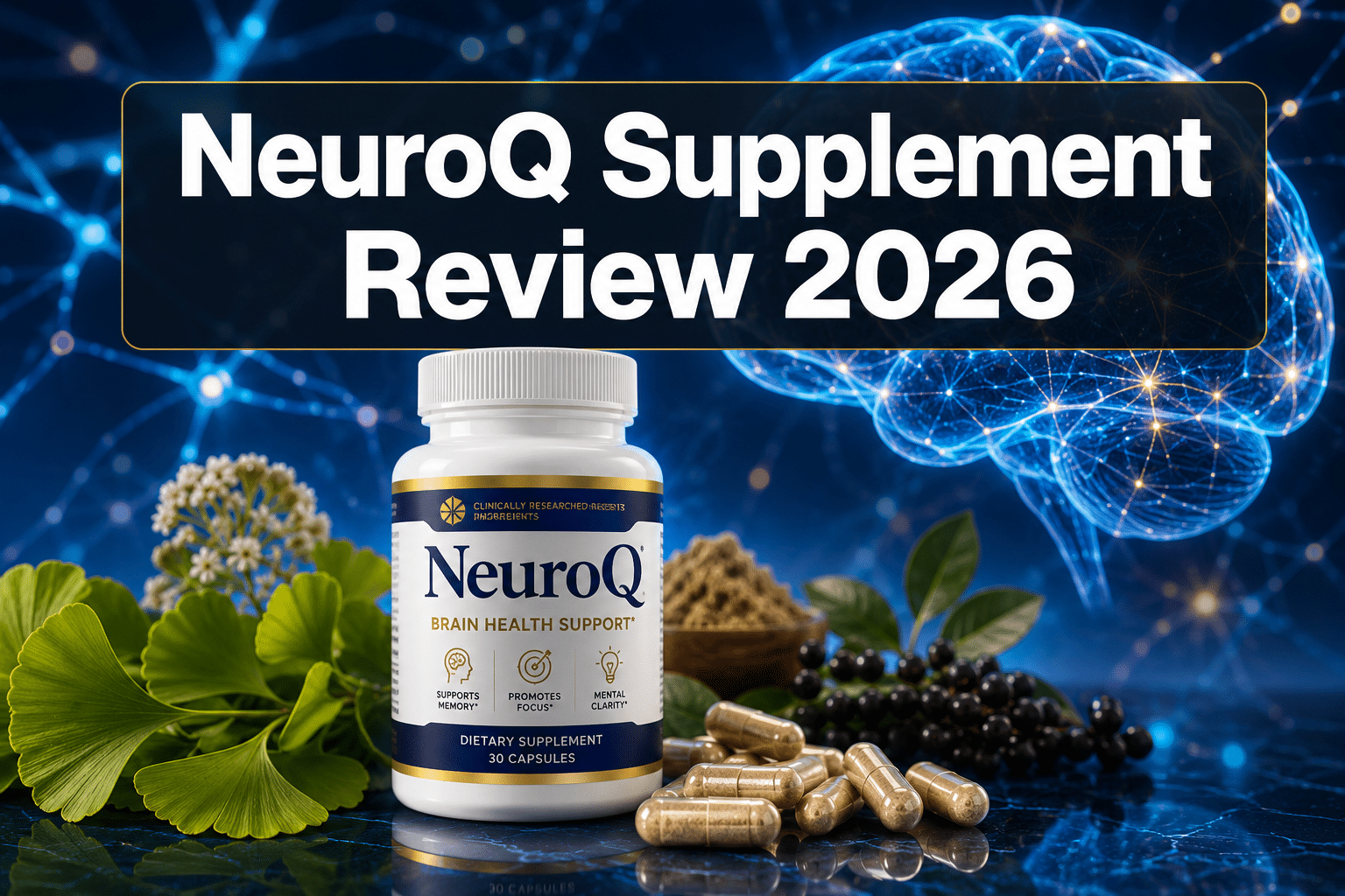 Professional () hero image with : 'NeuroQ Supplement Review 2026' in extra large white with dark semi-transparent box,