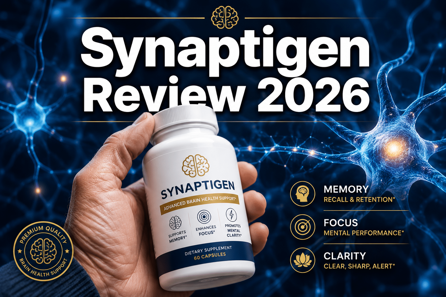 Professional () hero image with 'Synaptigen Review 2026' in extra large white with dark drop , centered upper-third