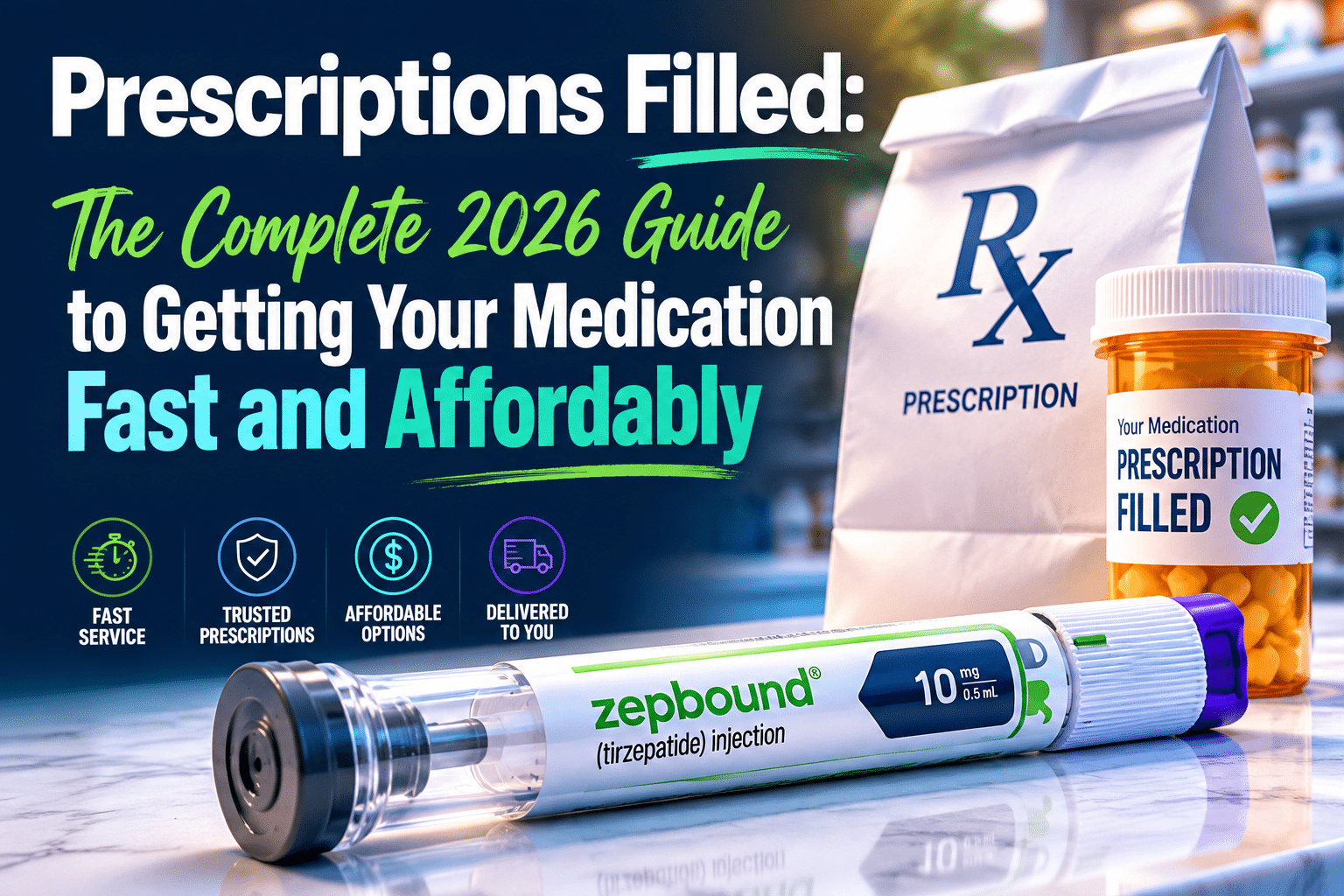 Professional landscape hero image () with : "Prescriptions Filled: The Complete 2026 Guide to Getting Your Medication Fast