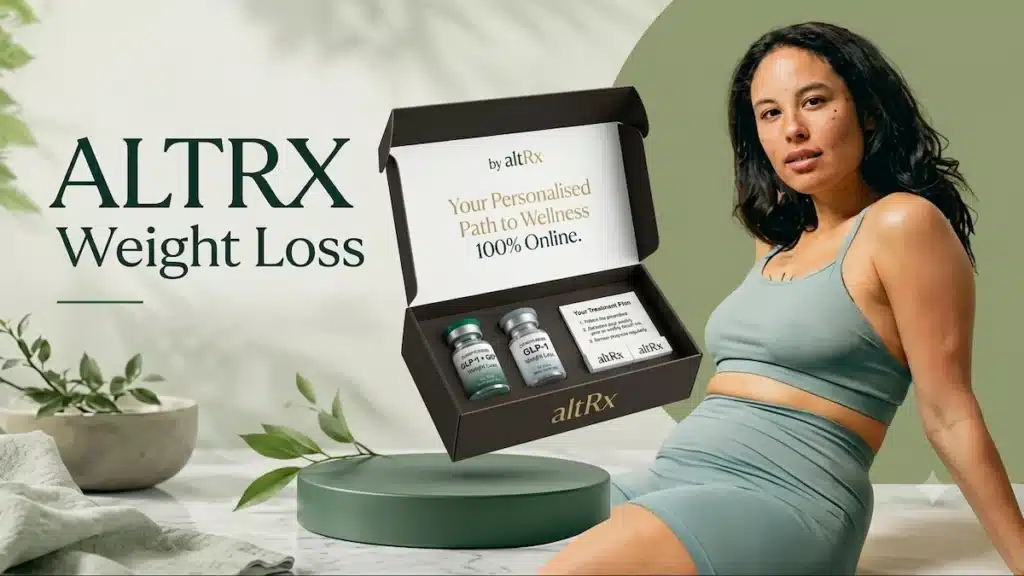 AltRx GLP-1 Reviews β Is It Worth Trying? What You Should Know Before Starting 2 An open AltRx treatment kit box displaying personalized compounded GLP-1 and GLP-1 plus GIP medication vials next to an active woman in athletic wear.