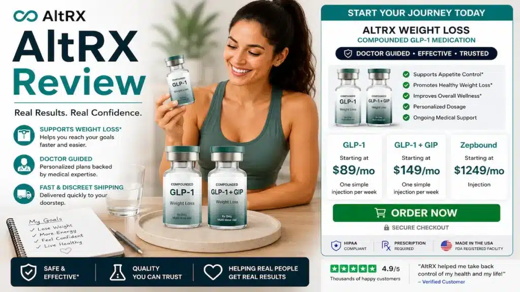 AltRx GLP-1 Review 2026 – Is It Worth Trying? Complaints, Pricing & Results 6 altrx Review highlighting GLP-1 weight loss medication, customer results, doctor-guided care, and compounded semaglutide and tirzepatide.