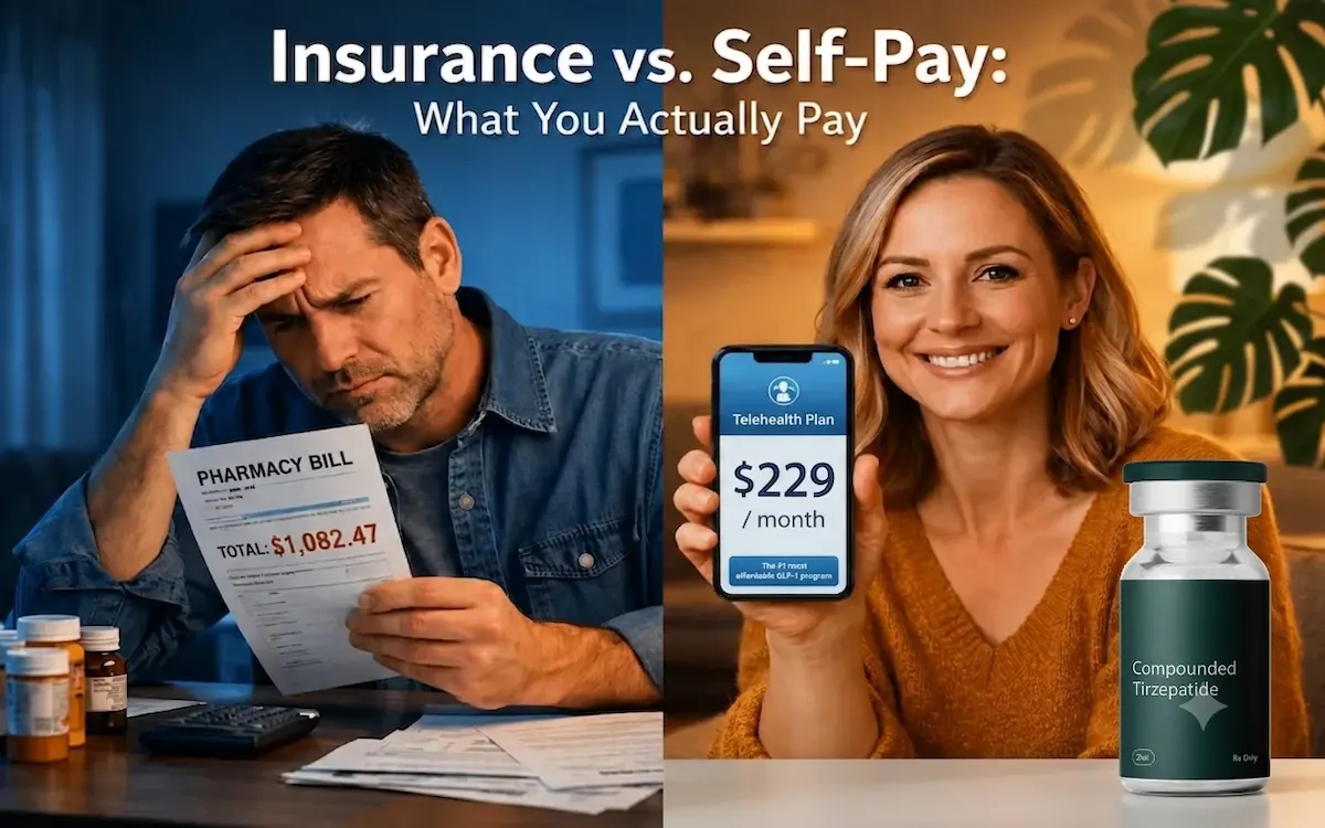 SHED GLP-1 Reviews 2026 – How It Works, What It Costs, and Who Qualify 5 A split-screen comparison showing a frustrated man holding an expensive $1,082.47 retail pharmacy bill next to a smiling woman displaying an $229 monthly telehealth plan on her phone beside a vial of Compounded Tirzepatide.