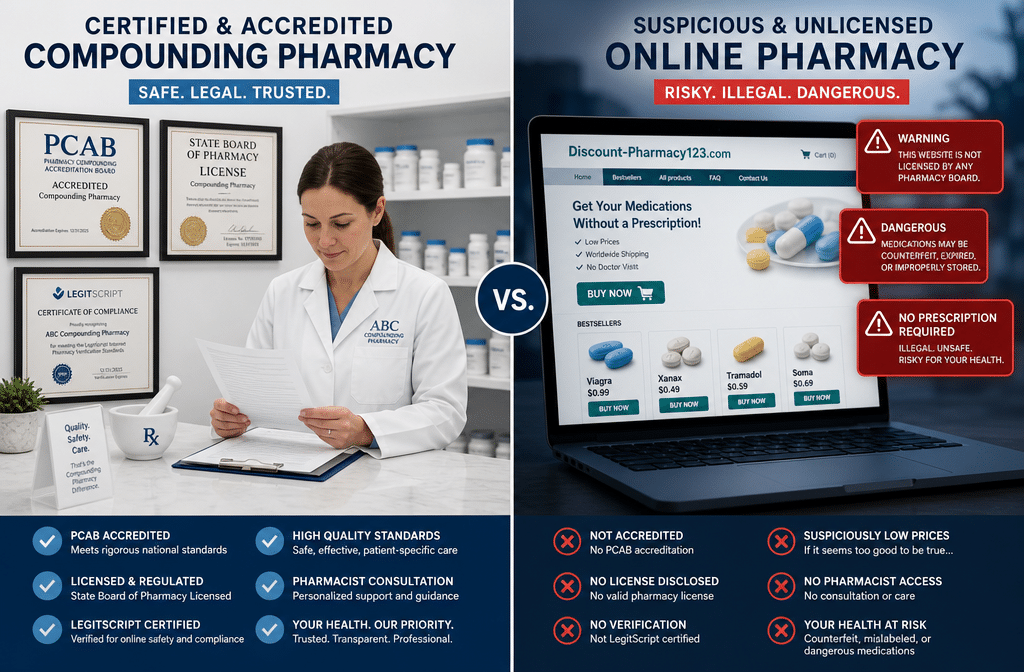 () editorial image showing a split-scene comparison: left side depicts a certified, accredited compounding pharmacy with