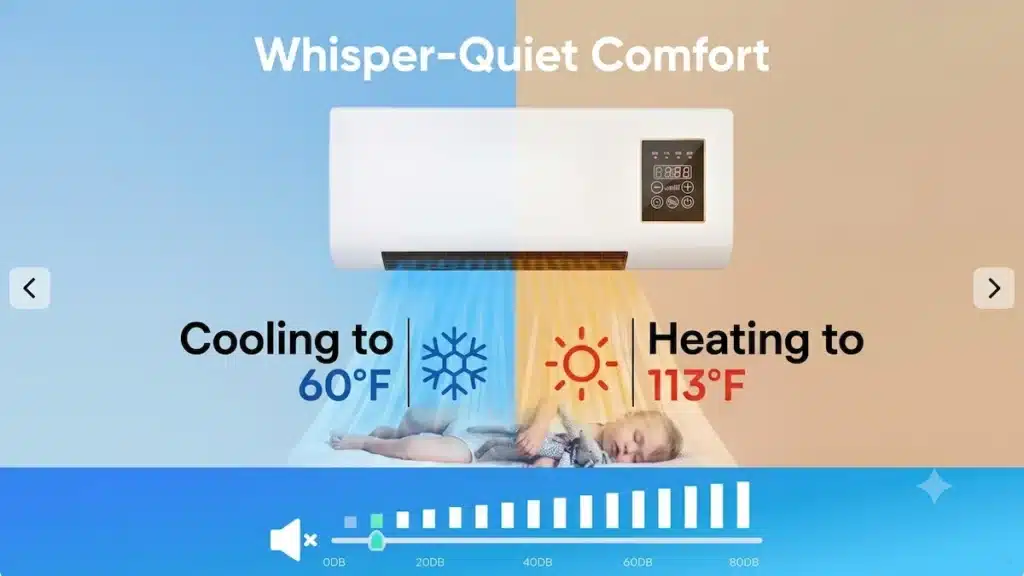 EpiCooler Portable AC Review: Can This No-Install 2-in-1 Climate Unit Actually Slash Your Cooling Bills? 5 EpiCooler Portable AC unit operating silently above a sleeping child, featuring a blue sound meter graphic highlighting low decibel levels.