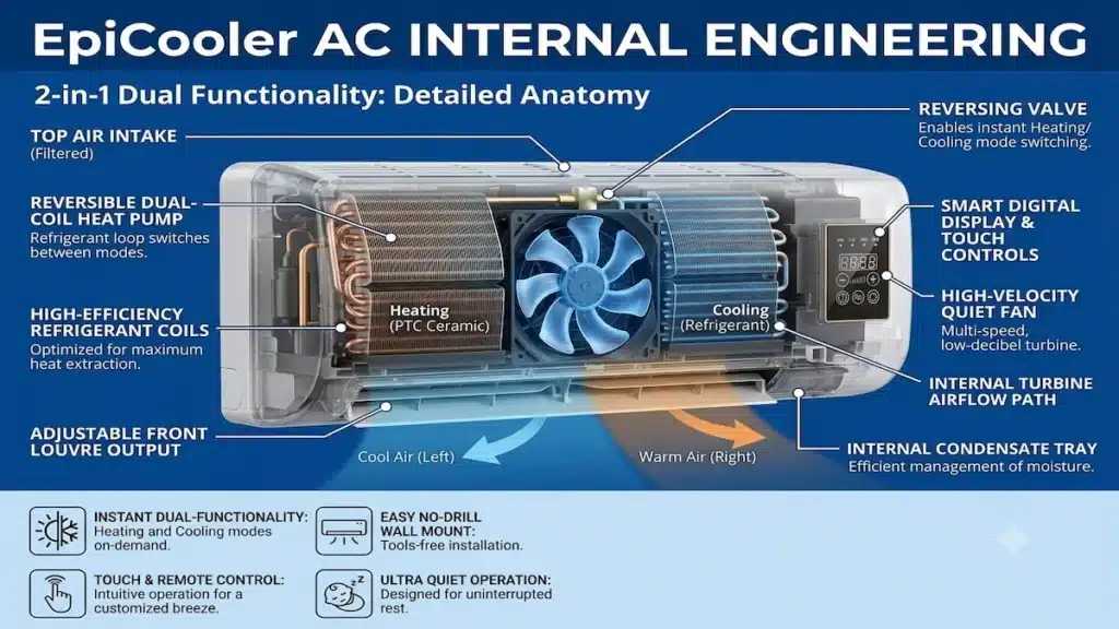 EpiCooler Portable AC Review: Can This No-Install 2-in-1 Climate Unit Actually Slash Your Cooling Bills? 3 A high-tech exploded engineering diagram of the EpiCooler Portable AC, revealing its internal dual-coil heat pump, reversible refrigerant system, and high-velocity turbine fan for dual heating and cooling functionality