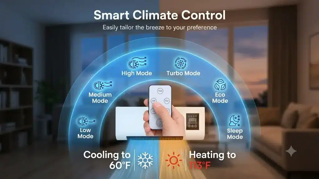 EpiCooler Portable AC Review: Can This No-Install 2-in-1 Climate Unit Actually Slash Your Cooling Bills? 8 A wide lifestyle shot of the EpiCooler Portable AC unit mounted in a cozy living room at twilight, demonstrating year-round comfort.