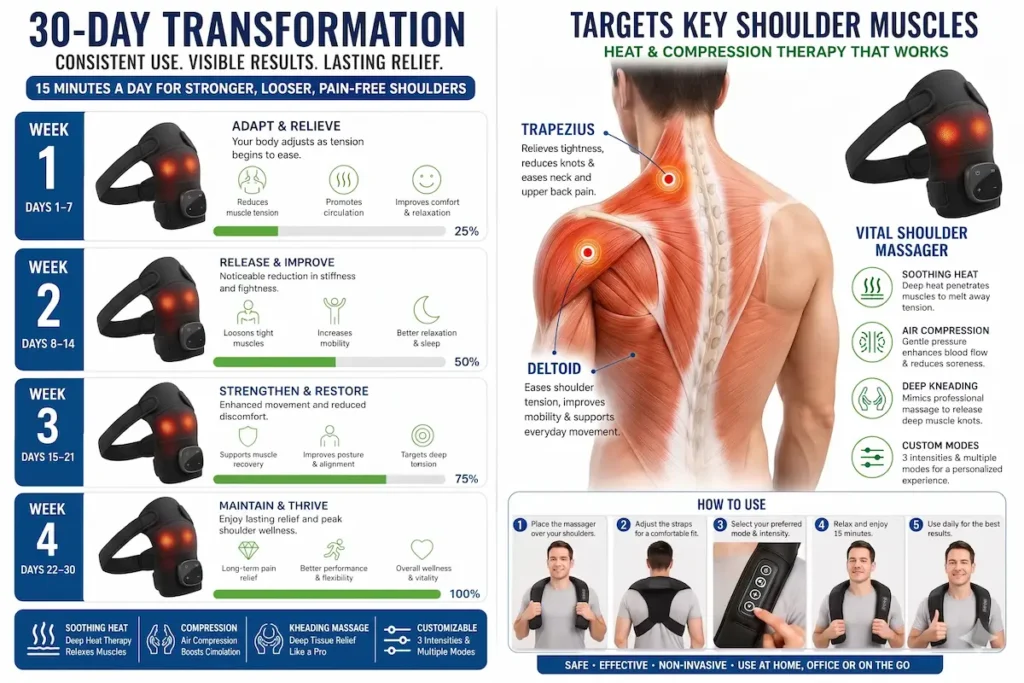 Vital Shoulder Massage Review 2026: Does It Really Work? (Honest 30-Day Test Results) 3 30-day transformation chart mapping week-by-week results and muscle relief benefits using the Vital Shoulder Massager.