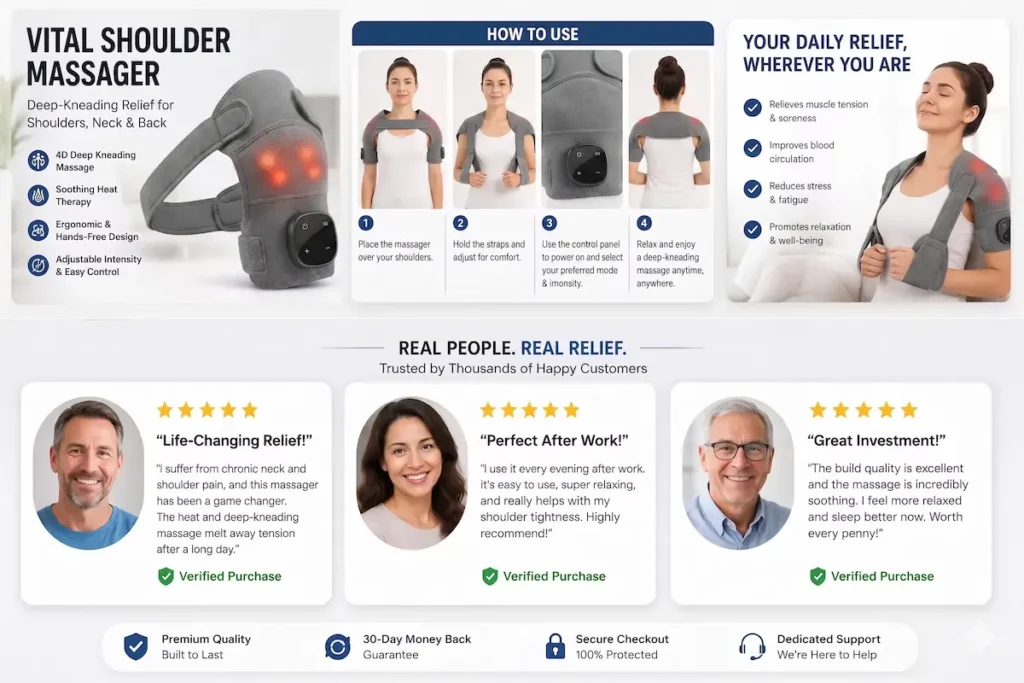 Vital Shoulder Massage Review 2026: Does It Really Work? (Honest 30-Day Test Results) 5 Verified purchase customer reviews and 5-star ratings for the Vital Shoulder Massager highlighting real-user pain relief testimonials.