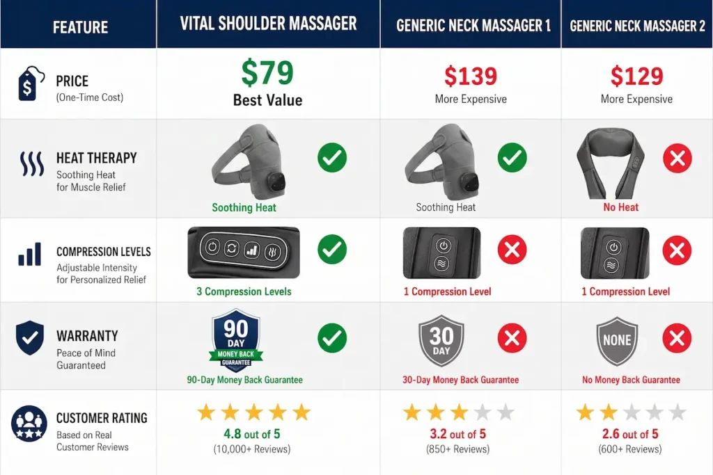 Vital Shoulder Massage Review 2026: Does It Really Work? (Honest 30-Day Test Results) 4 Comparison chart evaluating the Vital Shoulder Massager price, heat therapy, and warranty against generic neck massagers.