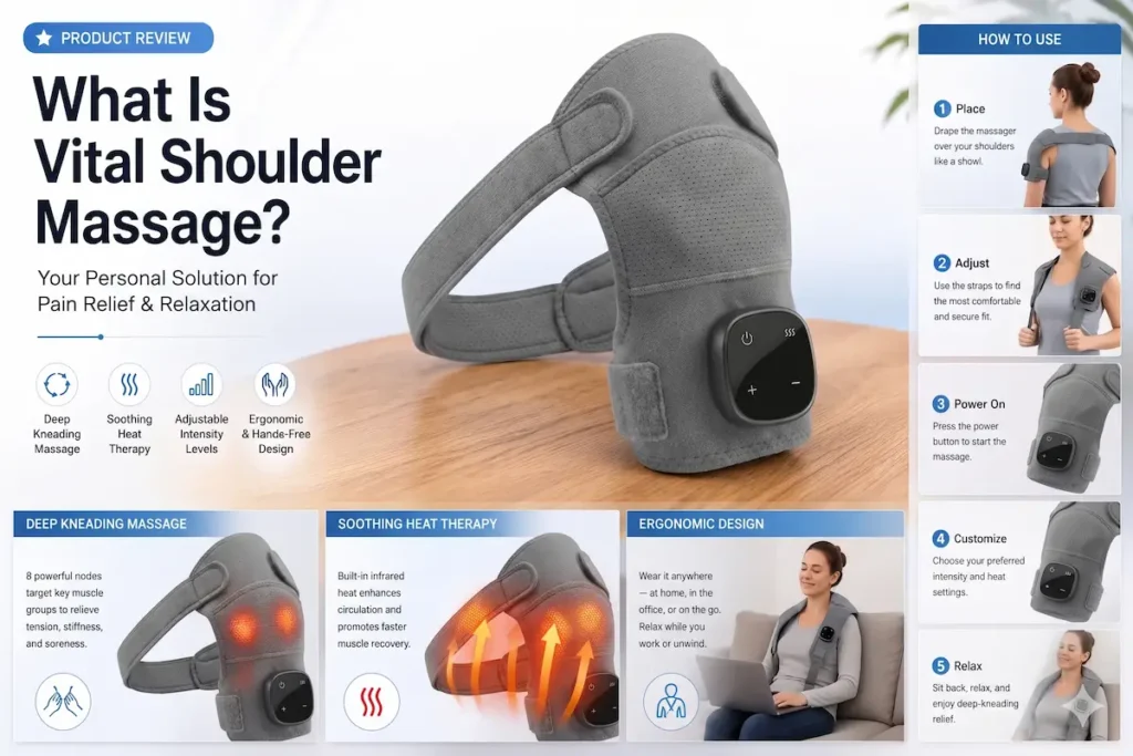 Vital Shoulder Massage Review 2026: Does It Really Work? (Honest 30-Day Test Results) 2 Comprehensive Vital Shoulder Massager product review infographic explaining how to use the heated compression device for pain relief.