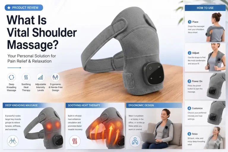 Comprehensive Vital Shoulder Massager product review infographic explaining how to use the heated compression device for pain relief.