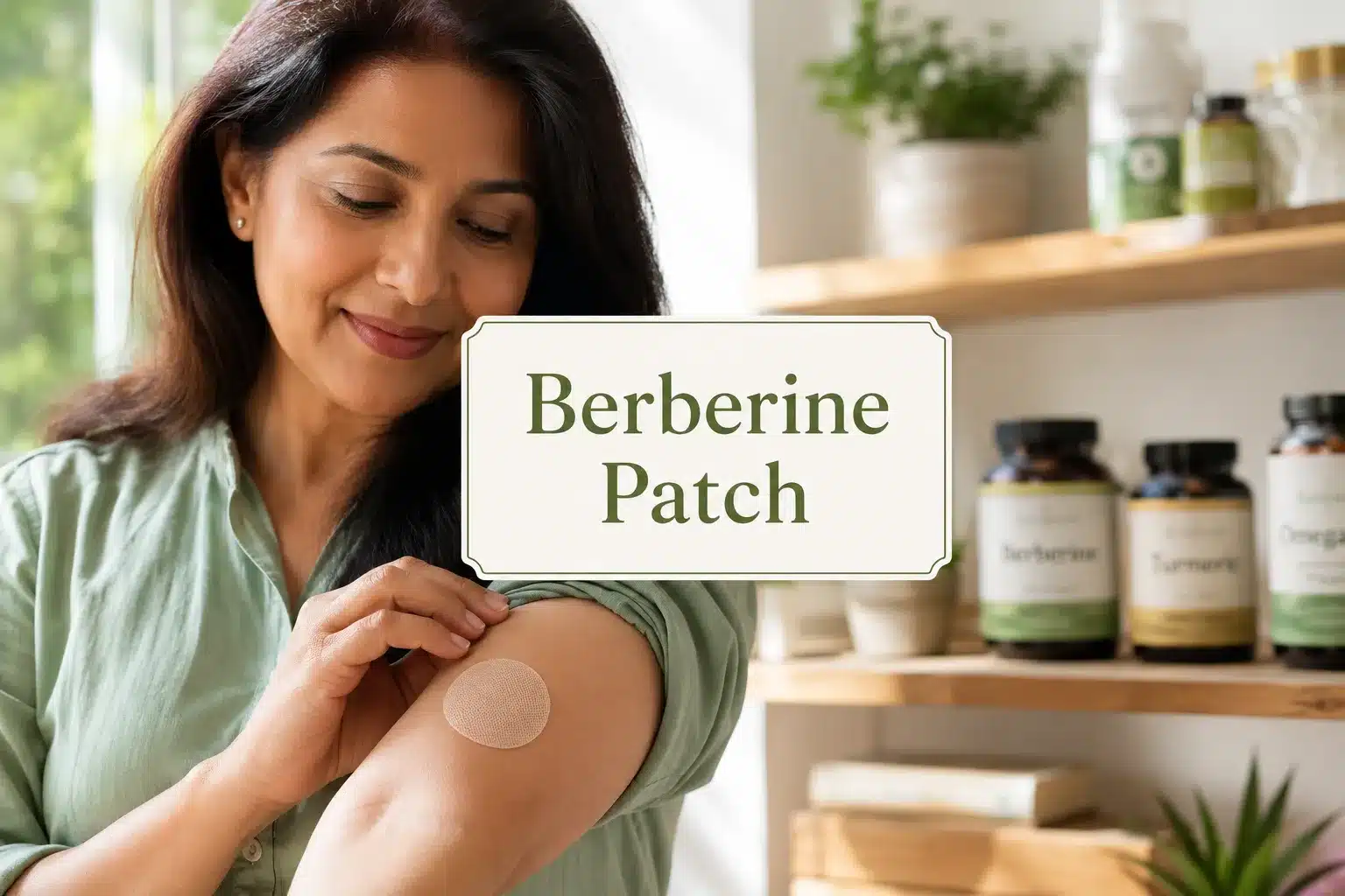 Bright editorial product hero shot (): a single circular transdermal patch displayed on a woman's forearm, natural daylight