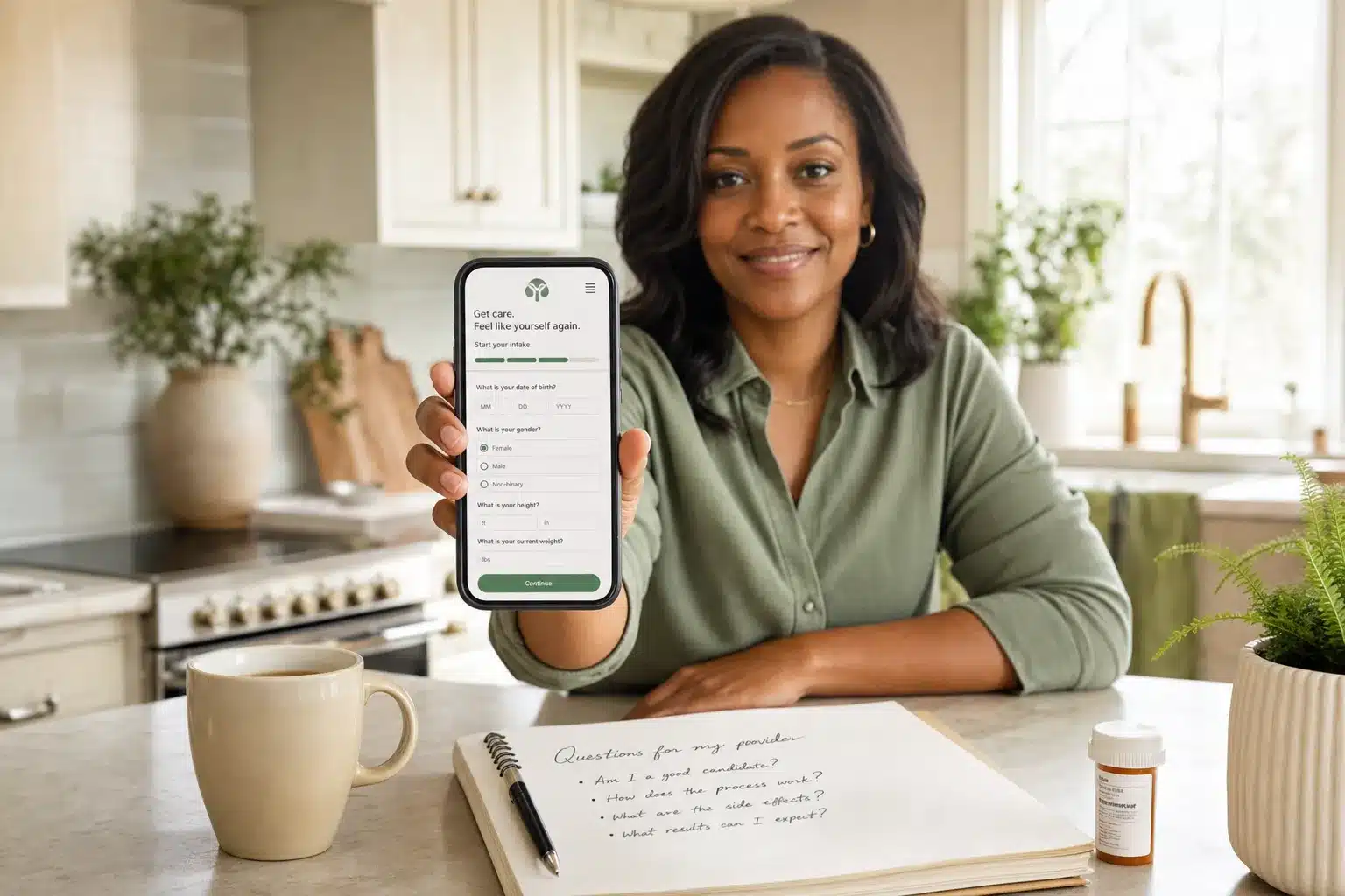 Fridays Health review 2 Editorial landscape photograph () showing a mid-30s Black woman sitting at a bright kitchen table, holding a smartphone