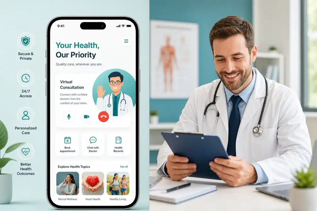 Fella Health review 2 Editorial () showing a clean split-screen concept: left side features a bright modern telehealth app interface mockup on a