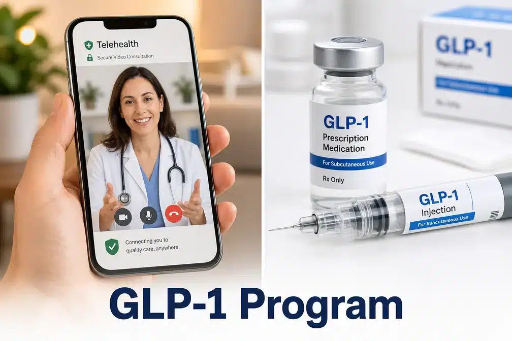 Hims weight loss review 2 Editorial () showing a split-screen composition: left half features a close-up of a smartphone displaying a telehealth