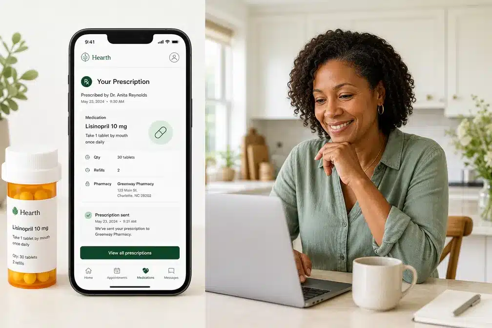 IvyRx review 2 Editorial () showing a split-screen concept: left side features a clean white smartphone screen with a telehealth