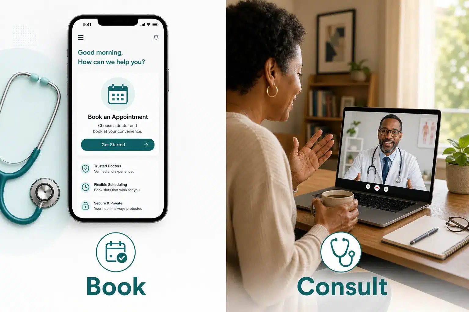 Sesame Care review 2 Editorial () split-screen illustration: left half shows a clean smartphone app interface with a calendar booking icon and a