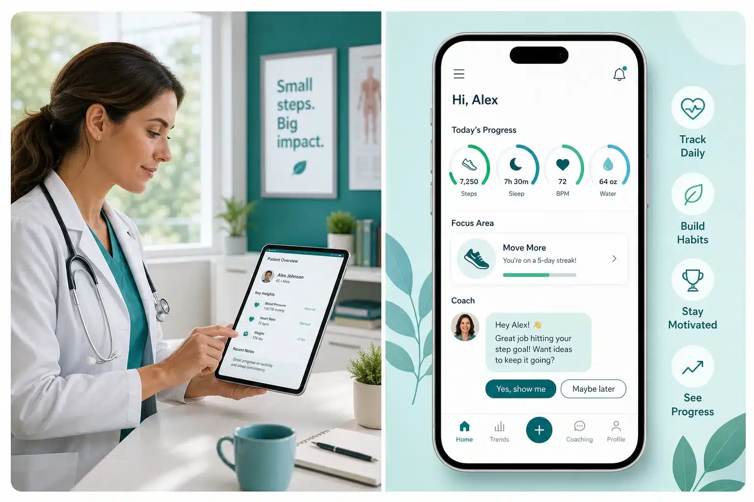 Calibrate review 2 Editorial () split-screen illustration: left half shows a warm-lit doctor's office with a physician reviewing a patient