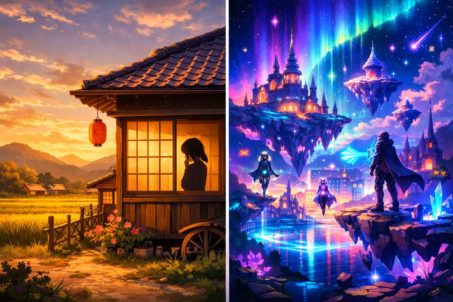 Belle review 2 Editorial () symbolic illustration: a split-screen composition showing two contrasting worlds side by side — left half