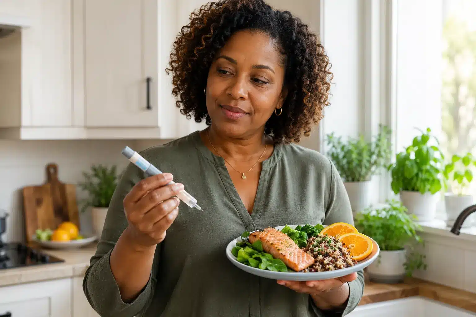 GLP-1 Diet Supplements for Nutrient Balance: The Complete Nutrition Guide (2026) 3 Editorial () — bright natural daylight photography of a diverse mid-40s Black woman in a modern kitchen holding a small