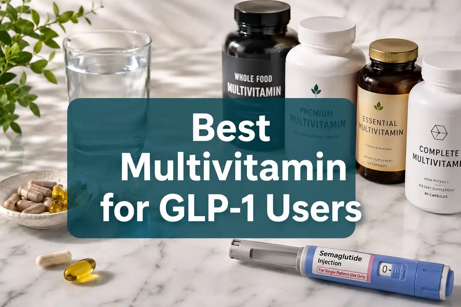 Best Multivitamin for GLP-1 Users: Top Picks Compared (2026) 1 Professional () hero image with 'Best Multivitamin for GLP-1 Users' in crisp white on a deep teal semi-transparent panel,