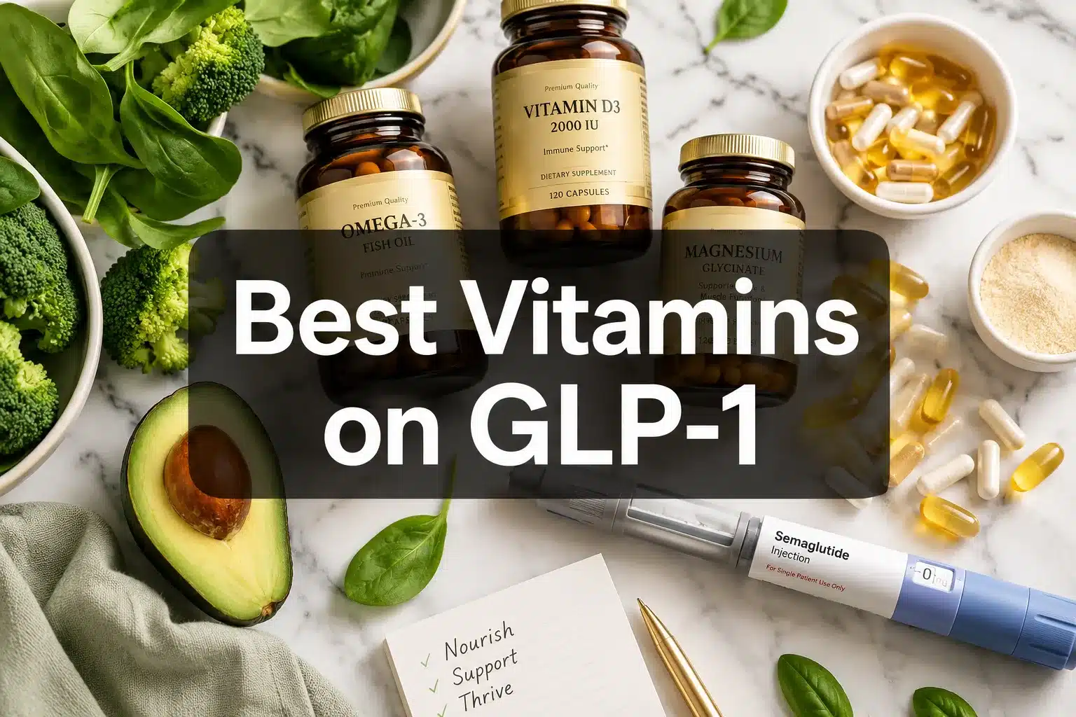 Best Vitamins to Take While on GLP-1: Expert Guide (2026) 1 Professional () hero image with 'Best Vitamins on GLP-1' in crisp white on a semi-transparent dark panel, centered with 8%