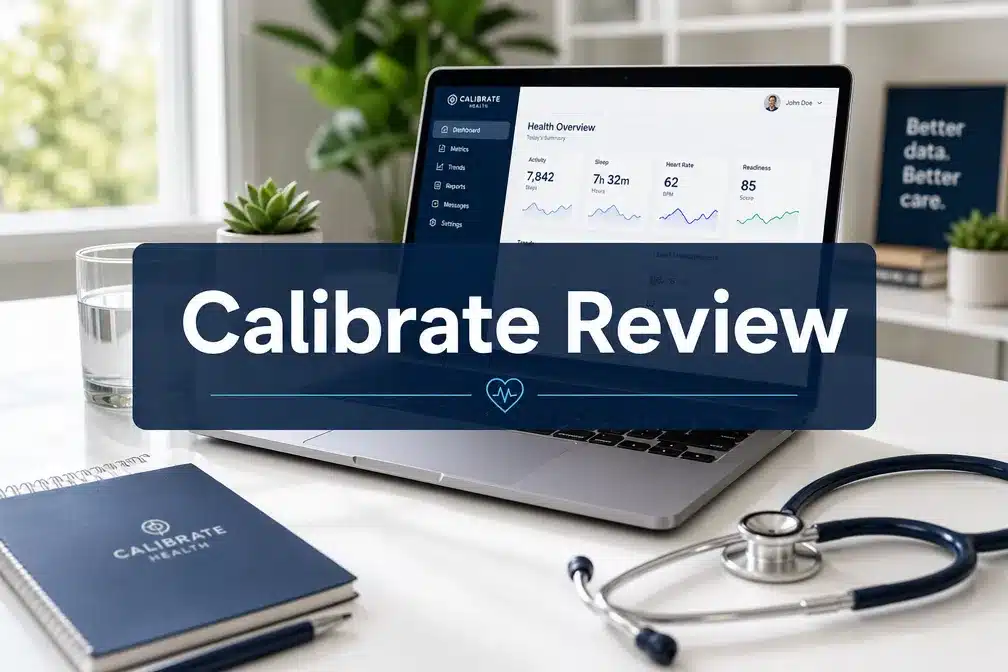 Professional () hero image with 'Calibrate Review' in crisp white on a deep navy semi-transparent panel, centered with 8%