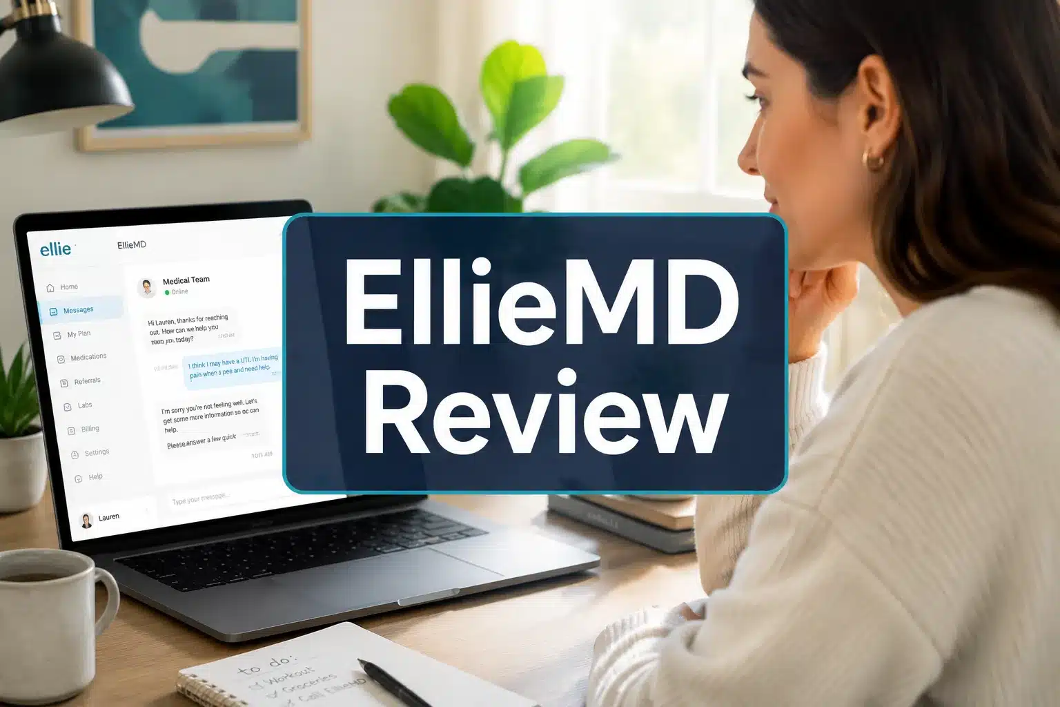 EllieMD review 1 Professional () hero image with 'EllieMD Review' in crisp white on a deep navy semi-transparent panel, centered with 8% safe