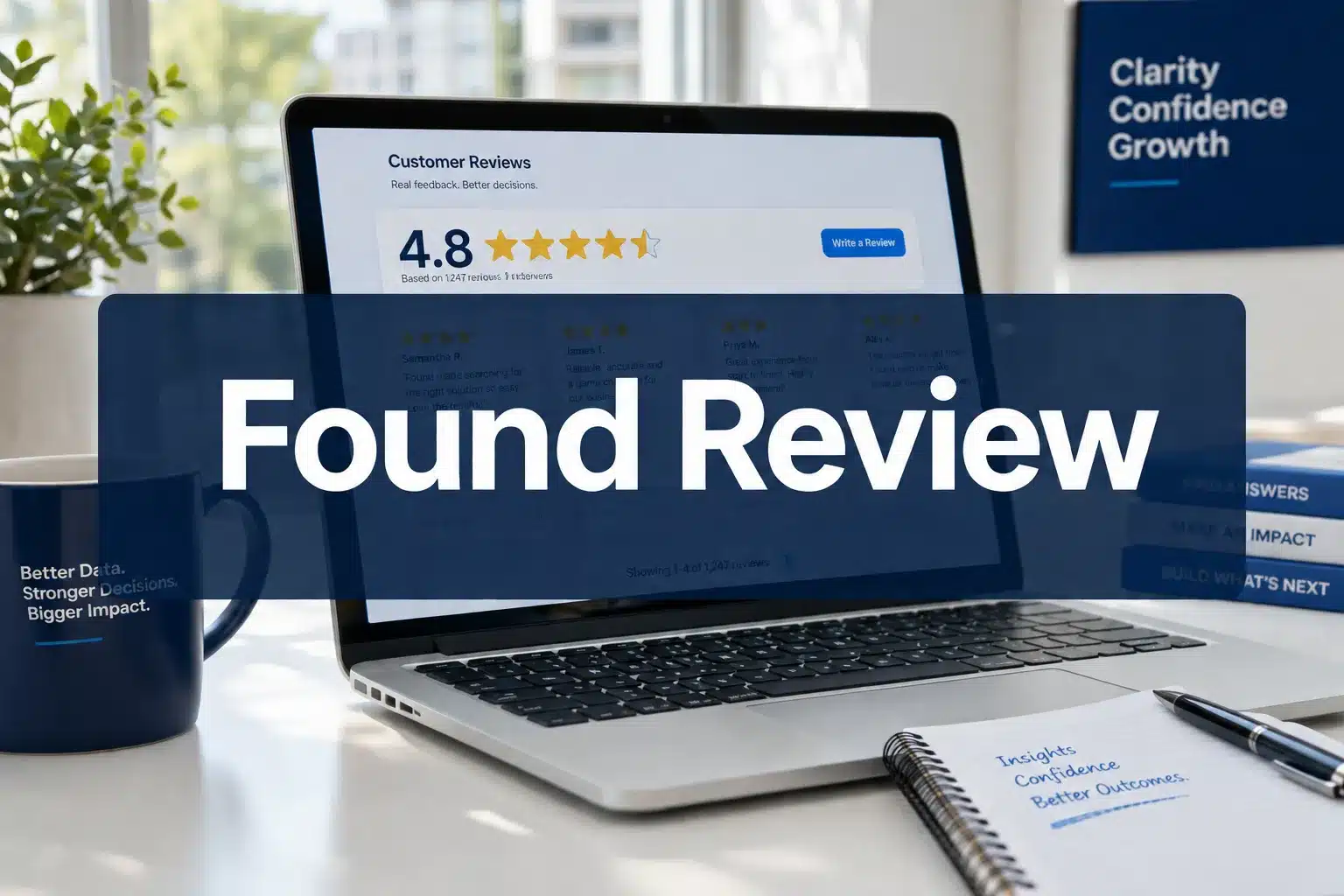 Found review 1 Professional () hero image with 'Found Review' in crisp white on a deep navy semi-transparent panel, centered with 8% safe