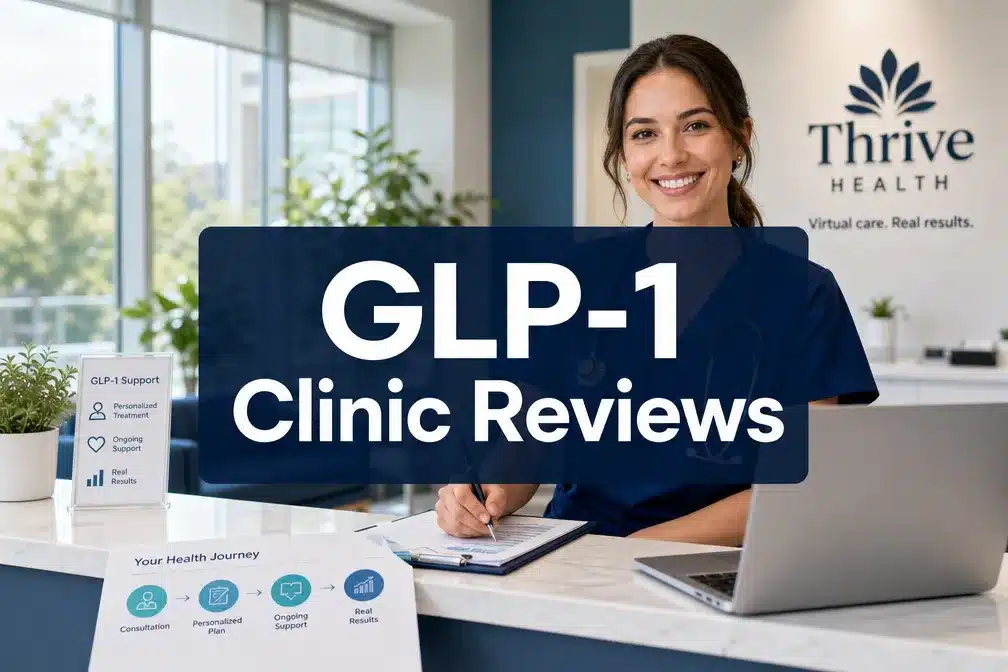 glp-1 clinic reviews 1 Professional () hero image with 'GLP-1 Clinic Reviews' in crisp white on a deep navy semi-transparent panel, centered with